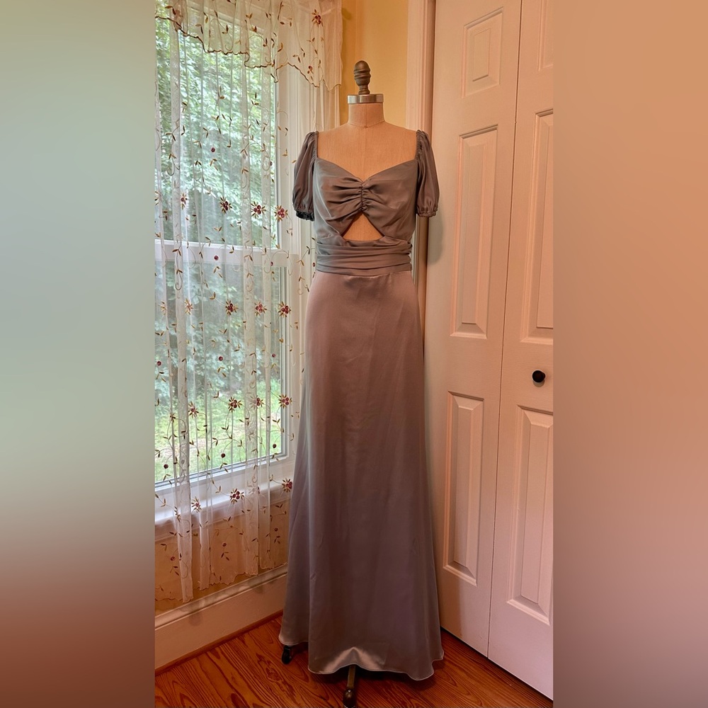 NWT David's Bridal Satin Puff Sleeve Gown with Cutout | Size 16 Dusty Blue